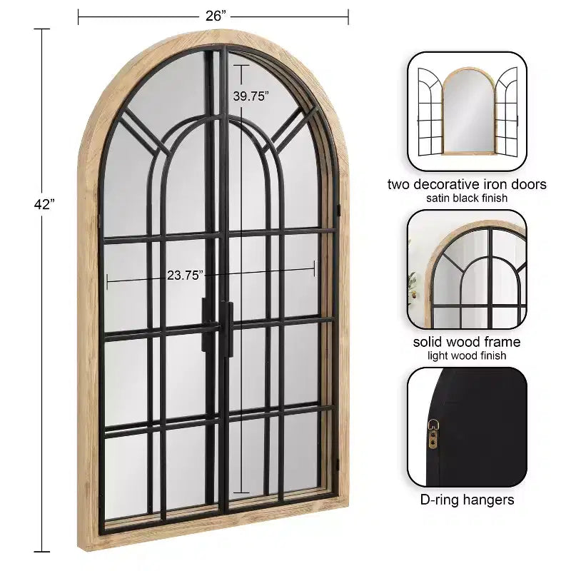 Specchio da parete a forma di arco con telaio in legno e metallo, 66x107 cm