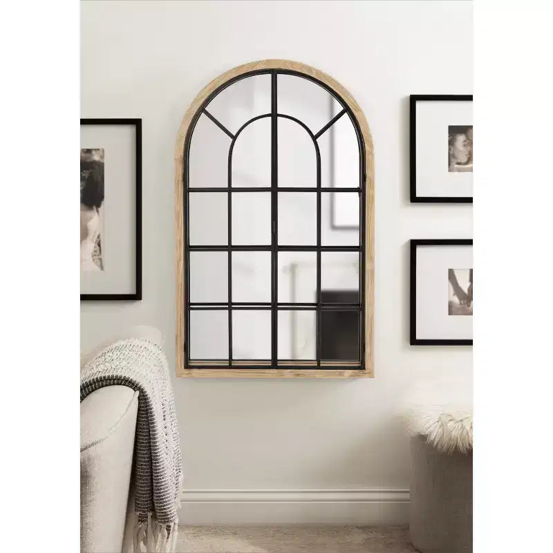 Specchio da parete a forma di arco con telaio in legno e metallo, 66x107 cm