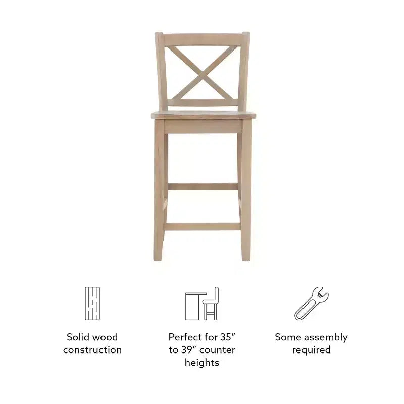 Sgabello da bancone X-Back in finitura Grigio – Legno massiccio di Hevea, altezza seduta 61 cm