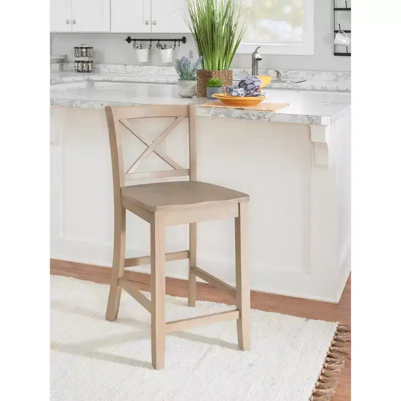Sgabello da bancone X-Back in finitura Grigio – Legno massiccio di Hevea, altezza seduta 61 cm
