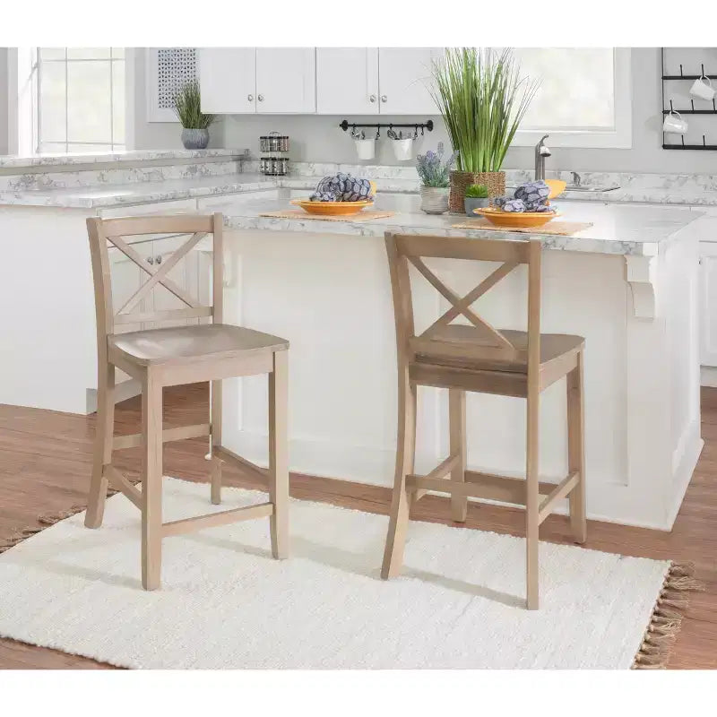 Sgabello da bancone X-Back in finitura Grigio – Legno massiccio di Hevea, altezza seduta 61 cm