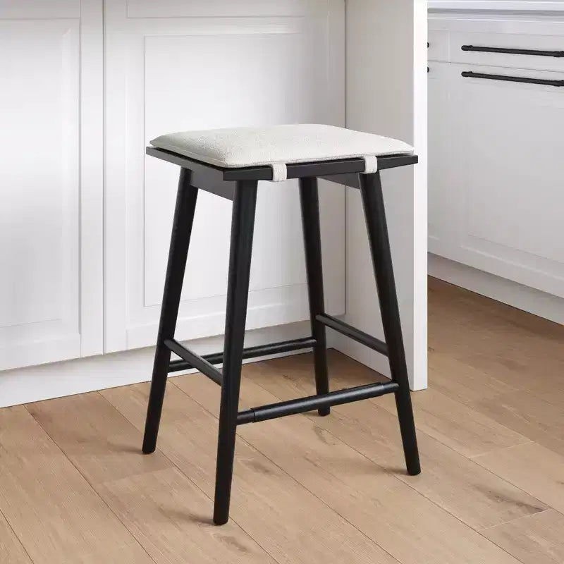 Sgabello da Bar con Rivestimento in Lino, Altezza Contatore – Struttura in Legno, Alto 63 cm