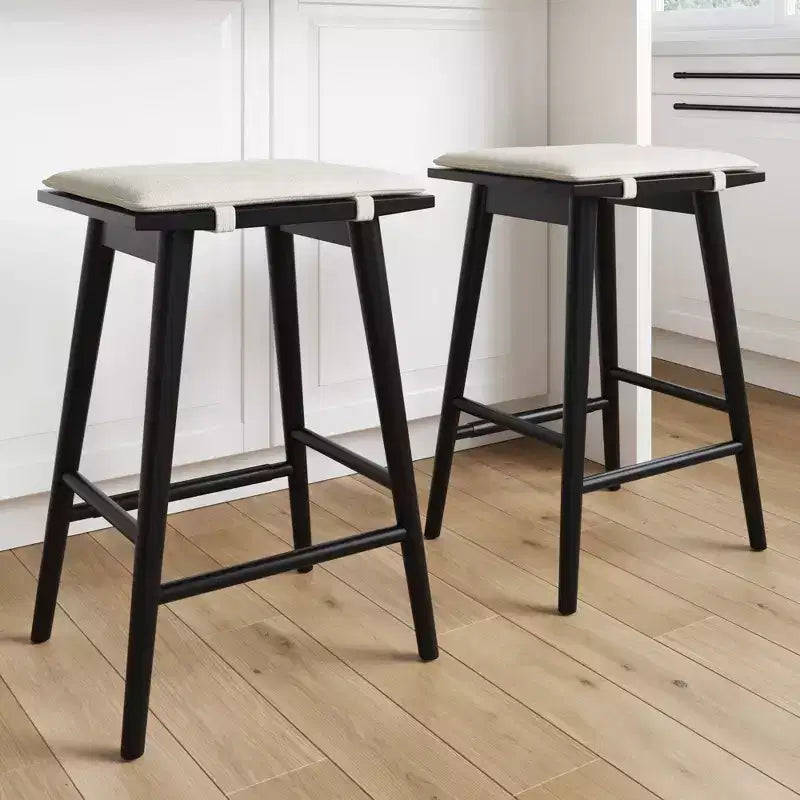 Sgabello da Bar con Rivestimento in Lino, Altezza Contatore – Struttura in Legno, Alto 63 cm