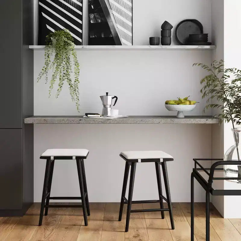 Sgabello da Bar con Rivestimento in Lino, Altezza Contatore – Struttura in Legno, Alto 63 cm