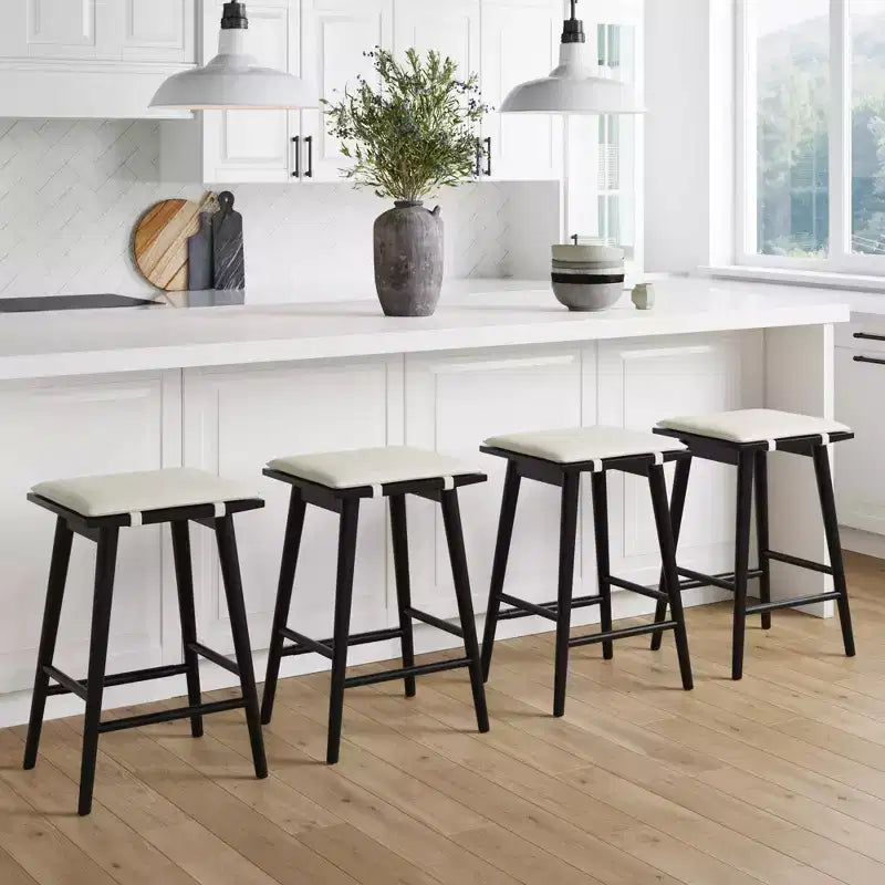 Sgabello da Bar con Rivestimento in Lino, Altezza Contatore – Struttura in Legno, Alto 63 cm