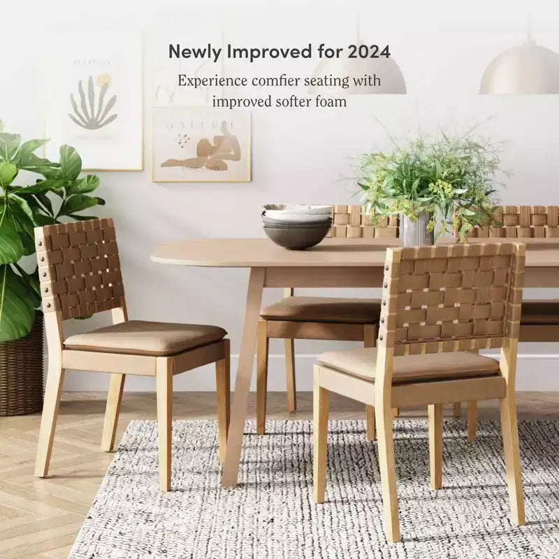 Sedia da pranzo in similpelle intrecciata – Mid-Century Modern, senza braccioli, struttura in legno
