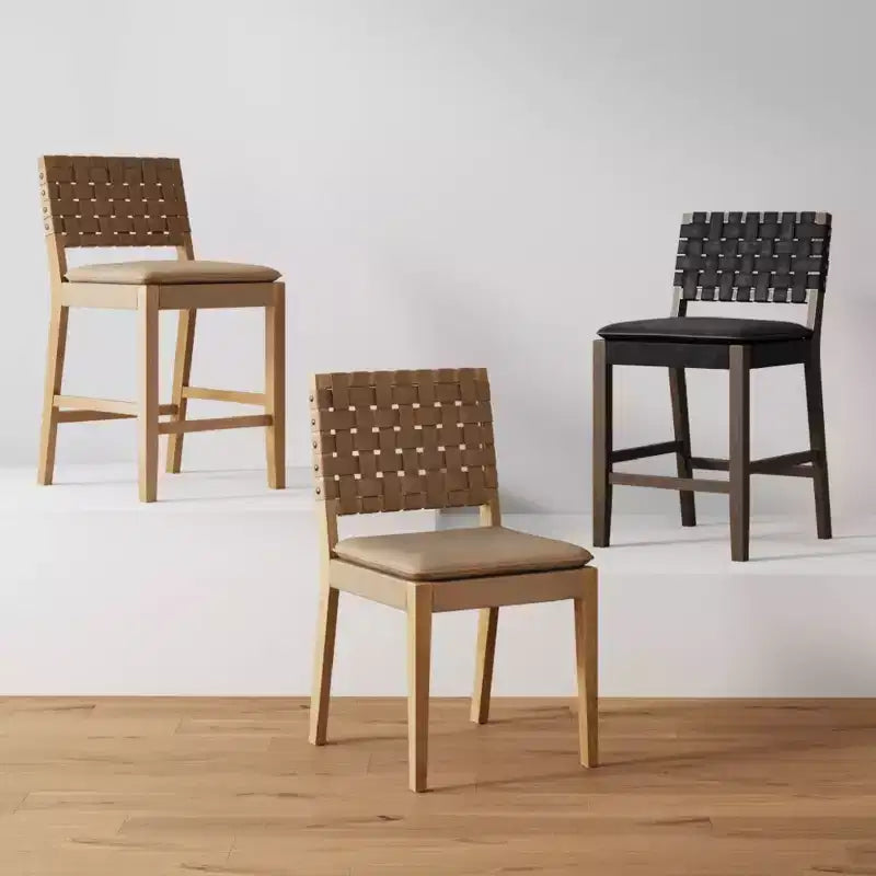 Sedia da pranzo in similpelle intrecciata – Mid-Century Modern, senza braccioli, struttura in legno