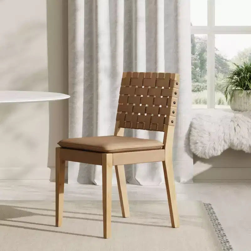 Sedia da pranzo in similpelle intrecciata – Mid-Century Modern, senza braccioli, struttura in legno