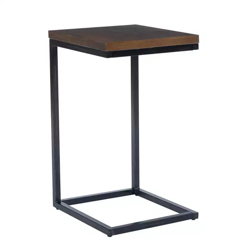 Hamri Traditional C Style Accent Table Walnut Wood and Hand Distressed Black Metal Frame - Powell: Sofa Side, Bedroom Use