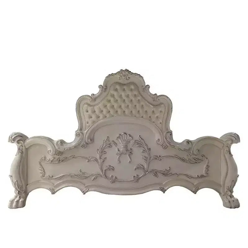 Letto matrimoniale con testiera a gobba di cammello – Pelle imbottita, finitura bianco antico