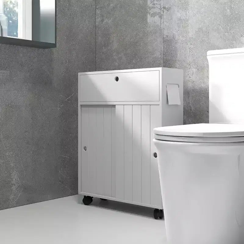 Mobiletto Salvaspazio per Bagno con Ruote, Ante Scorrevoli e Ripiano Regolabile, Bianco