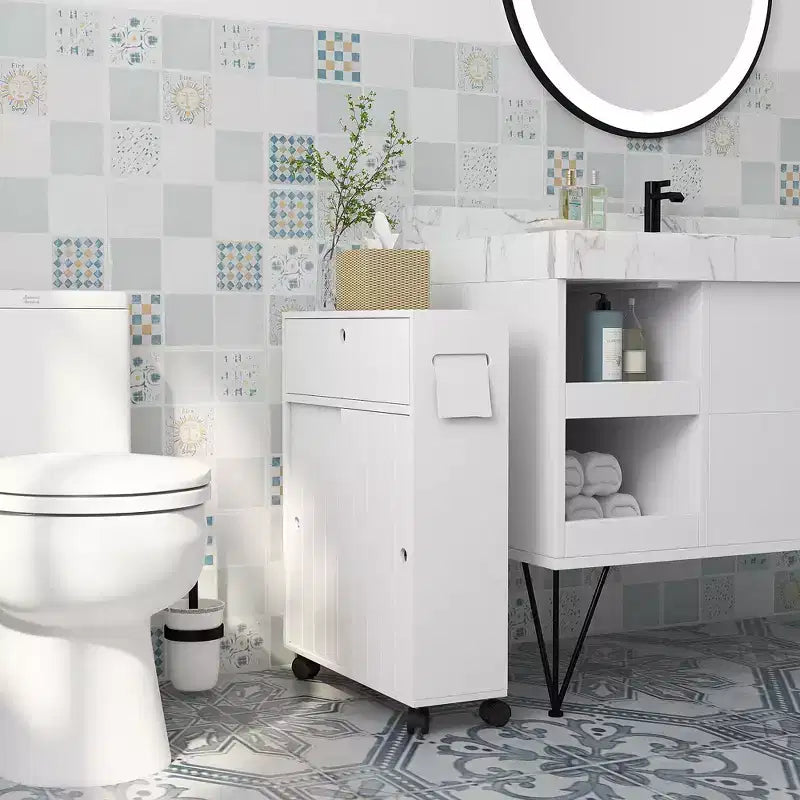 Mobiletto Salvaspazio per Bagno con Ruote, Ante Scorrevoli e Ripiano Regolabile, Bianco