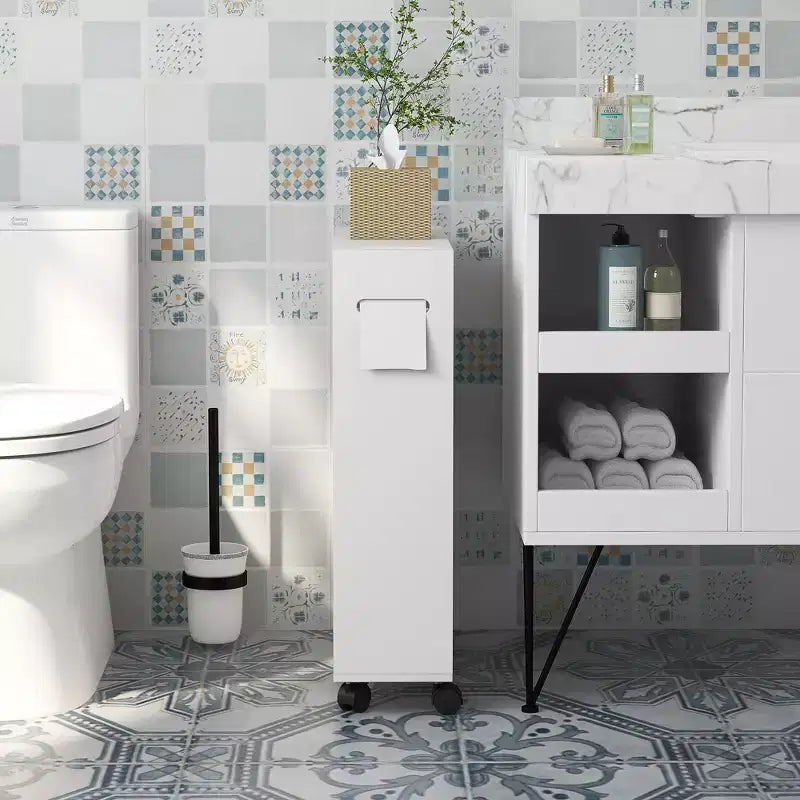 Mobiletto Salvaspazio per Bagno con Ruote, Ante Scorrevoli e Ripiano Regolabile, Bianco