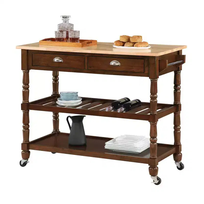 Carrello da Cucina a 3 Livelli con Cassetti in Legno da Macellaio