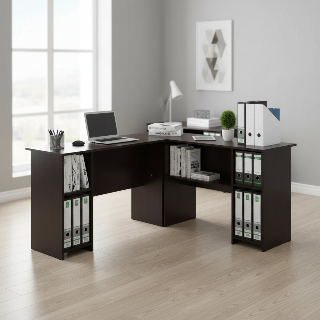 Scrivania a L per computer con librerie aperte – Espresso