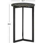 Tavolino laterale decorativo rotondo con base geometrica in metallo