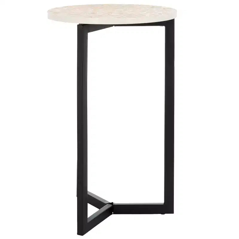 Tavolino rotondo d'appoggio con base geometrica in metallo