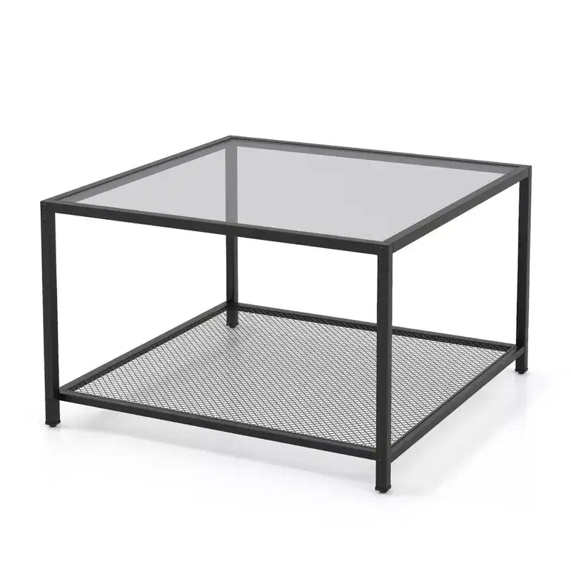 Tavolino da Caffè Quadrato a 2 Livelli in Vetro con Ripiano a Rete, 70 cm