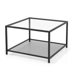 Tavolino da Caffè Quadrato a 2 Livelli in Vetro con Ripiano a Rete, 70 cm