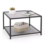 Costway Glass Coffee Table 27.5 Inch 2-Tier Square with Mesh Shelf Living Room Grey/Transparent
