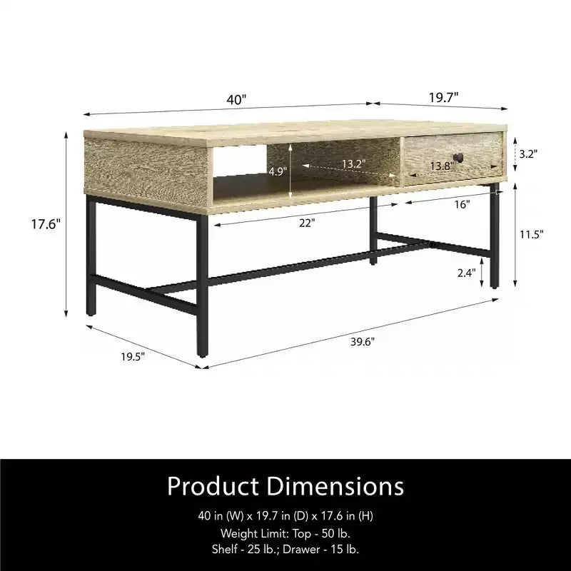 Tavolino da Caffè Rettangolare con Scaffale e Cassetto