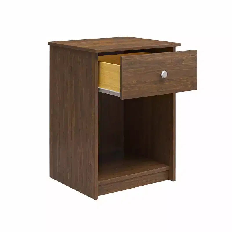 Comodino con cassetto e ripiano aperto