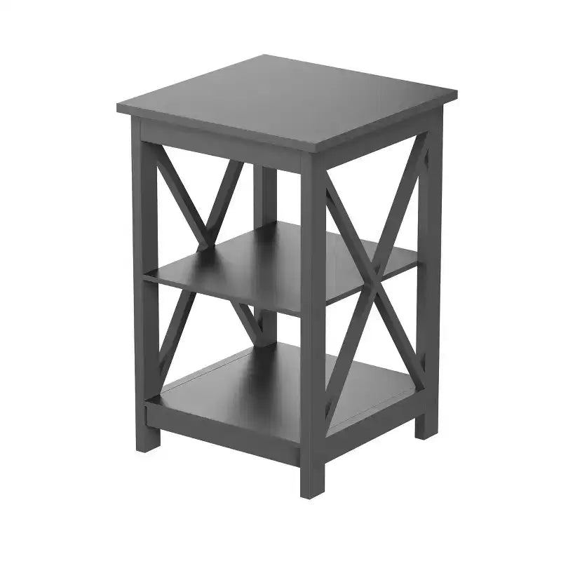 Tavolino in legno con due ripiani e design a X