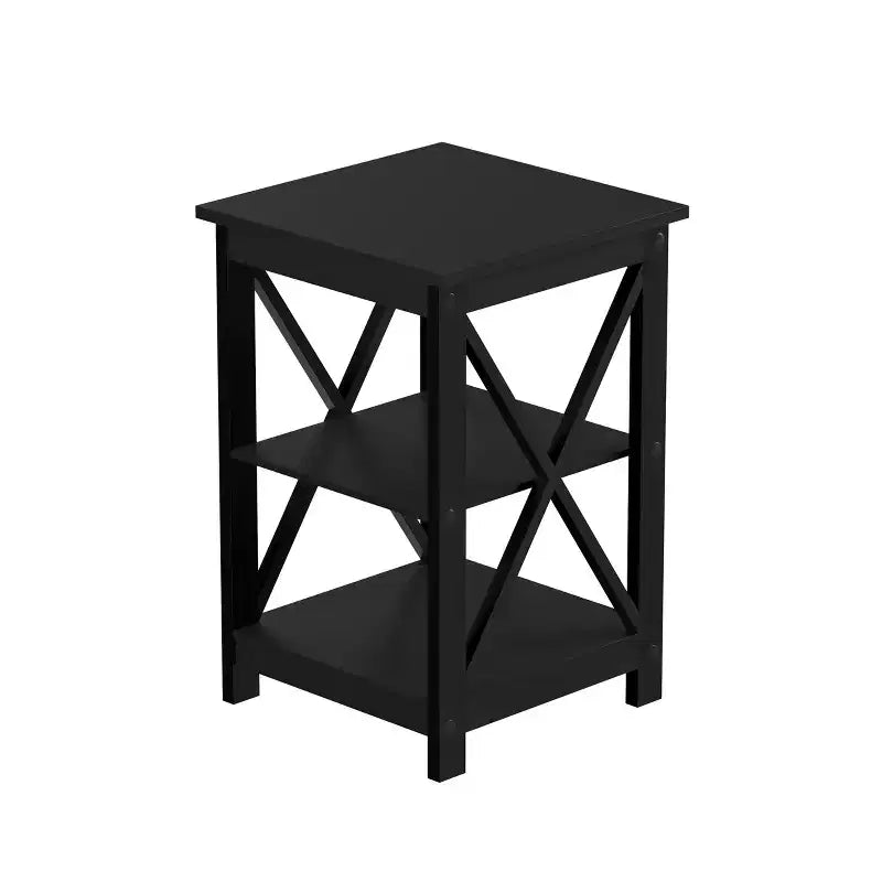 Tavolino in legno con due ripiani e design a X
