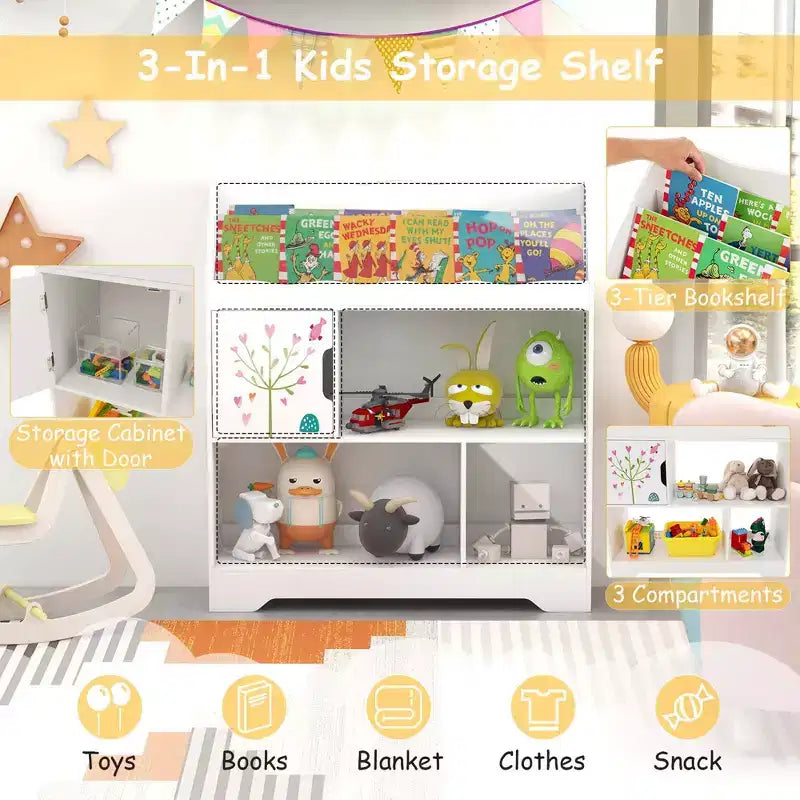 Scaffale per bambini 3 in 1 con libreria e armadietto