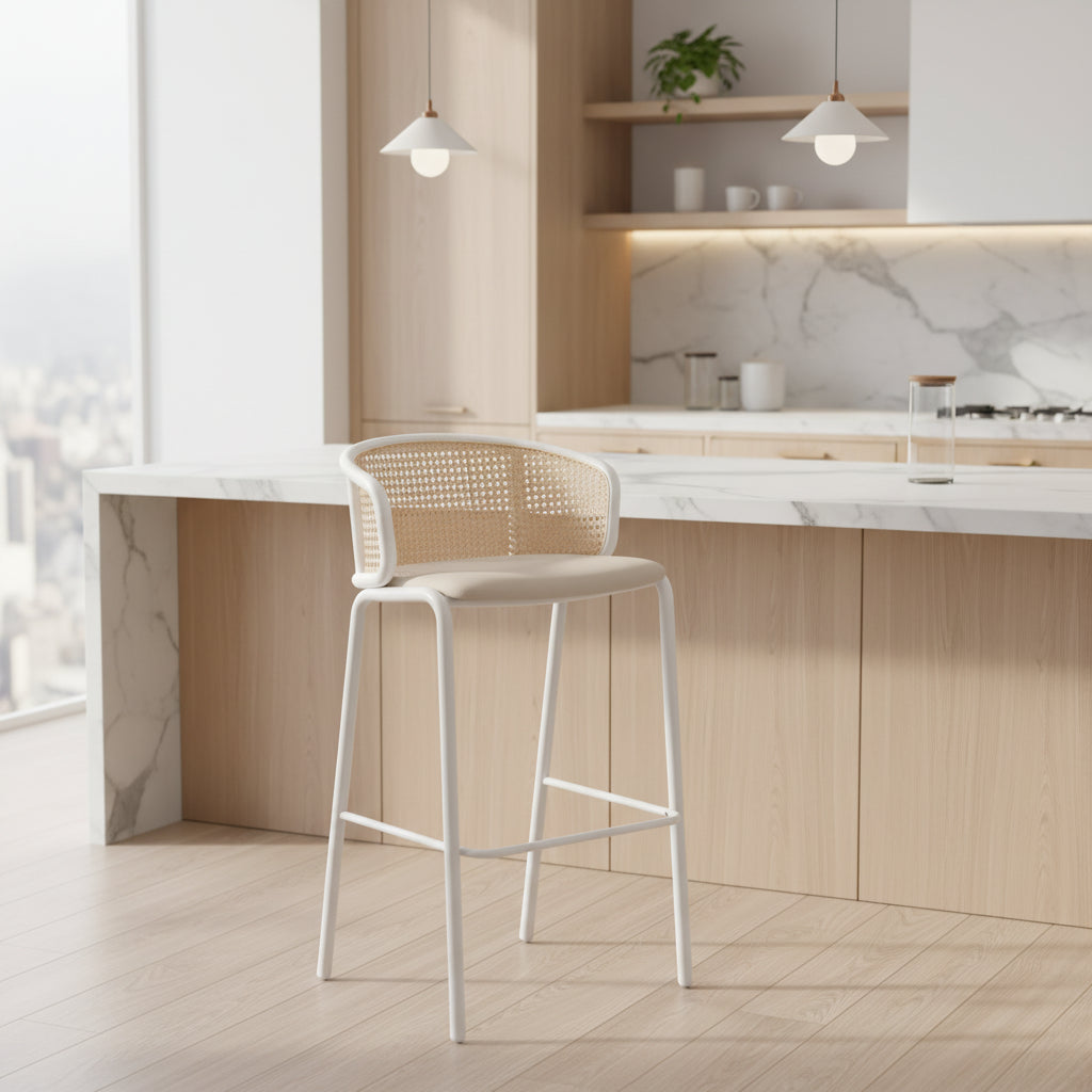 LeisureMod Ervilla Wicker Bar Stool with Fabric Seat and White Steel Frame, Indoor Kitchen, Home Bar, Counter, Island, Modern Dining Room Seating